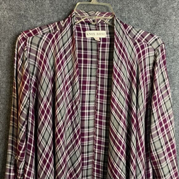 Knox Rose Open Cardigan Shirt Waterfall Front Maroon Plaid Sz L Rayon Tan Roll - Picture 2 of 14